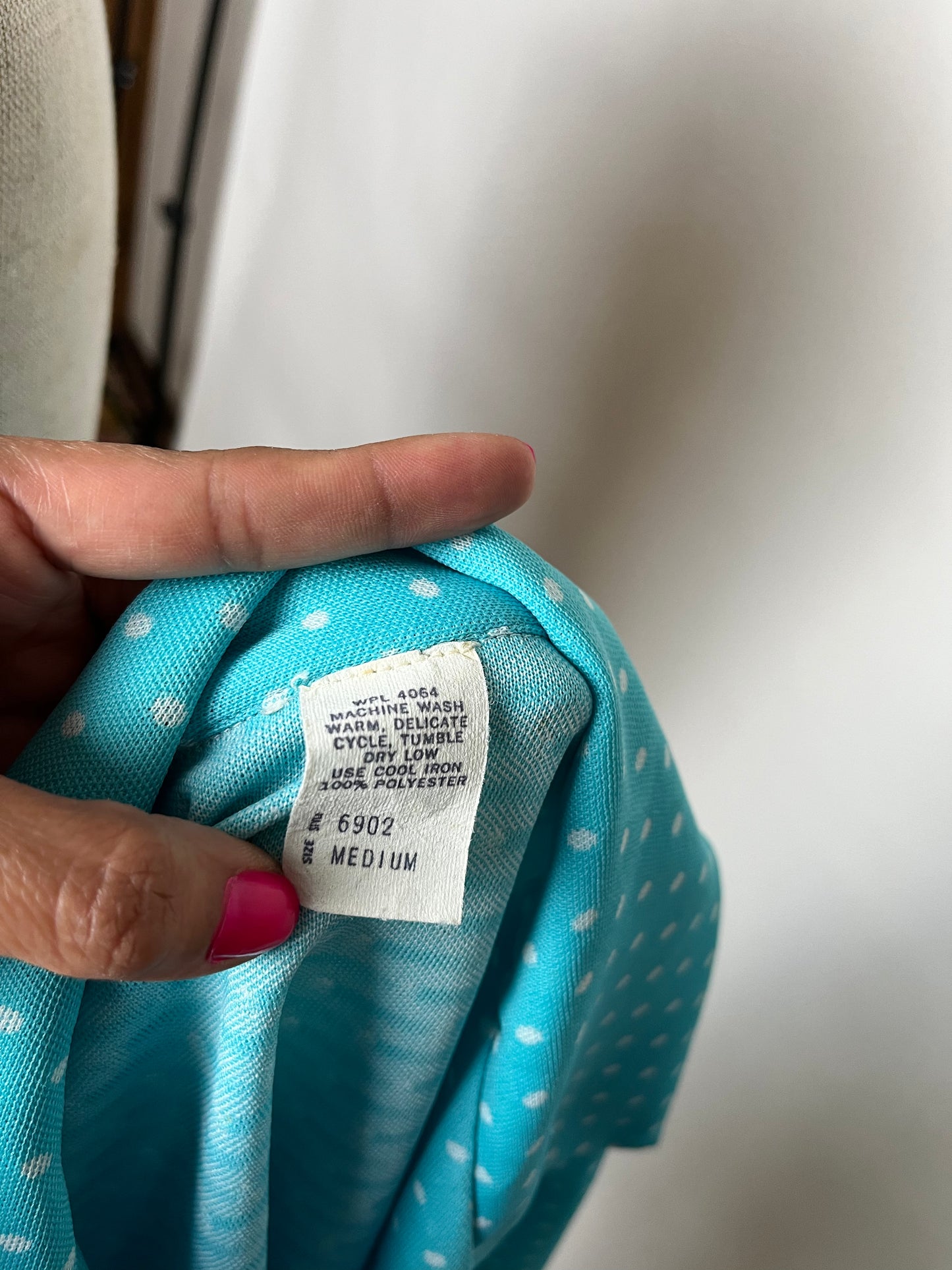 Aqua white polka dot poly top