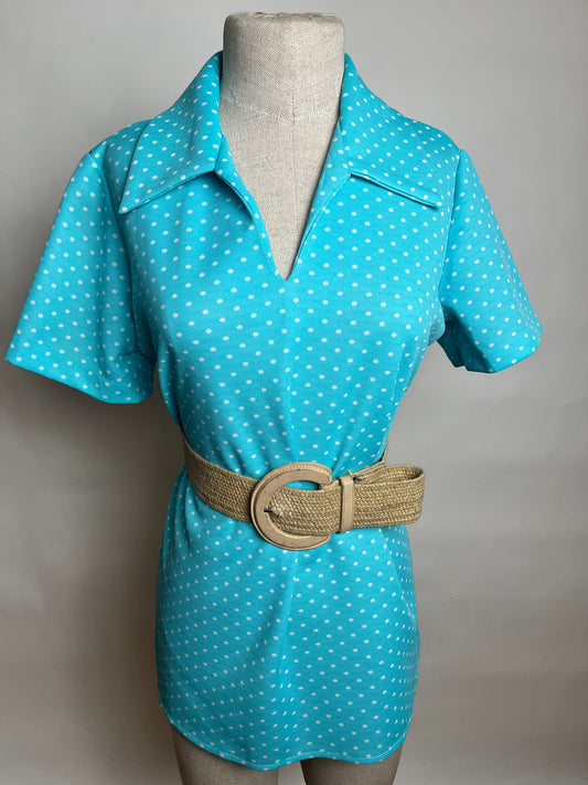 Aqua white polka dot poly top